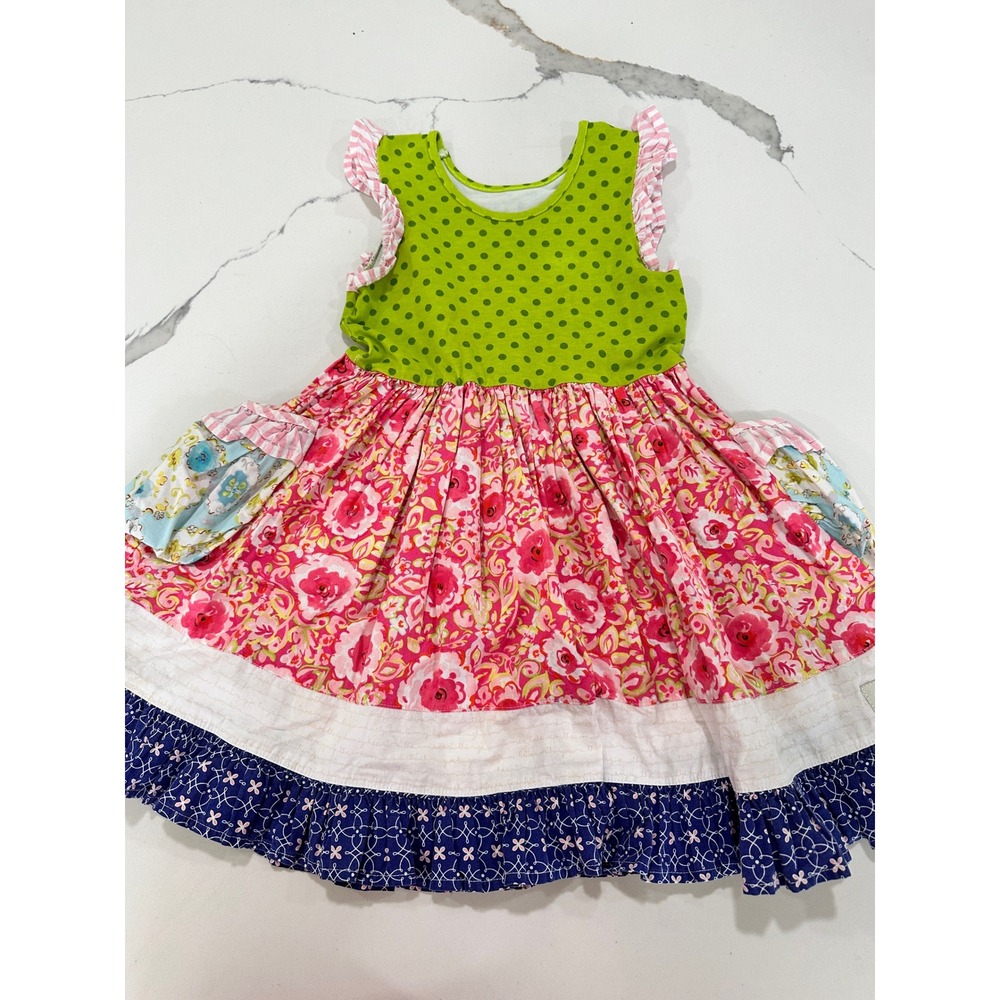 SweetHoney Girls Mixed Print‎ Floral Polka Dot Tiered Ruffle Pocket Dress Size 5